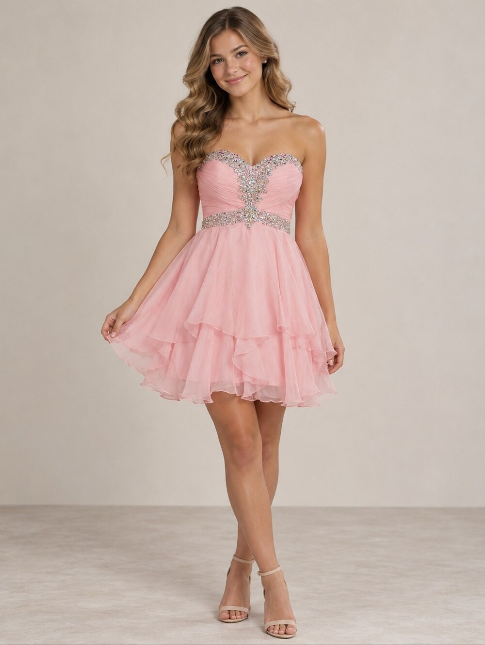 Alyce Paris pink beaded ruffle mini dress homecoming size 2
